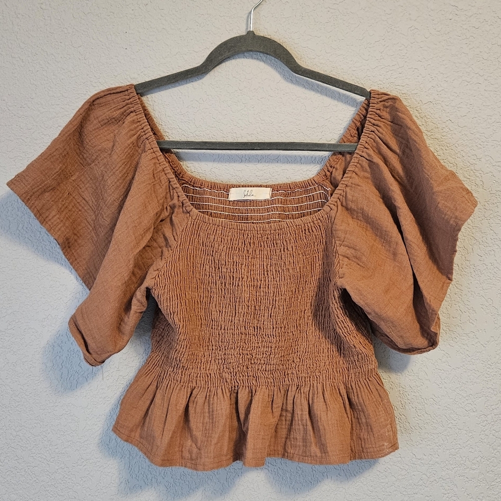 Sotela Organic Cotton Smocked Flutter Sleeve Top | Rust / Cognac | Size 5